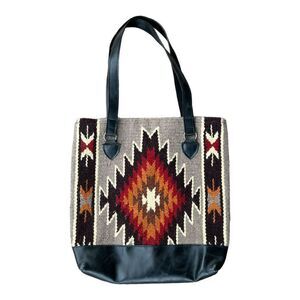 Southwestern Tote Bag Black and Cream Unisex Adults with Vegan Leather Strap